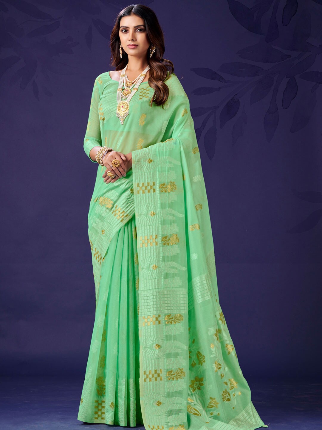 

KARAGIRI Ethnic Motif Cotton Blend Zari Saree With Blouse Piece, Green