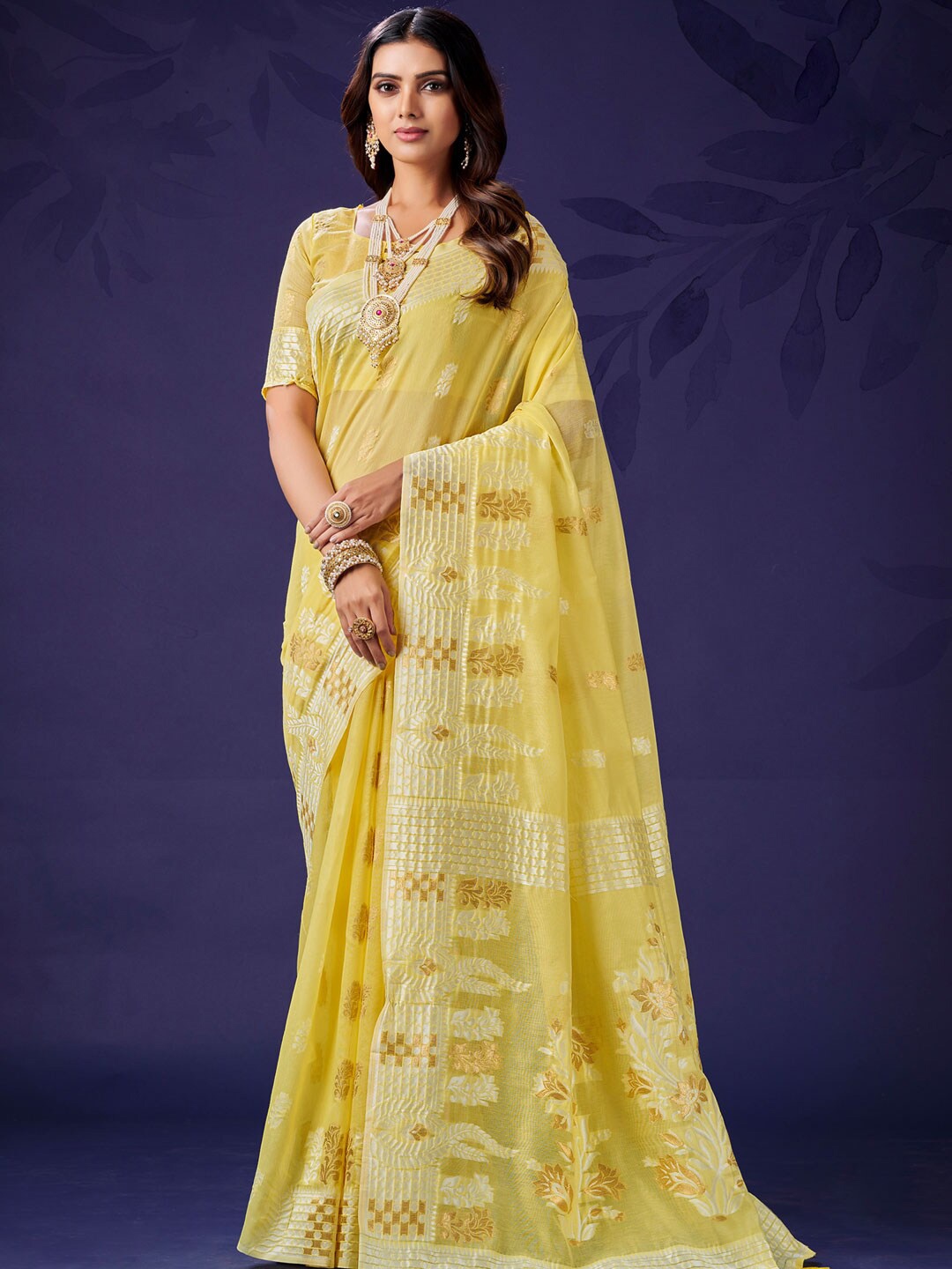

KARAGIRI Floral Woven Design Zari Cotton Saree, Yellow