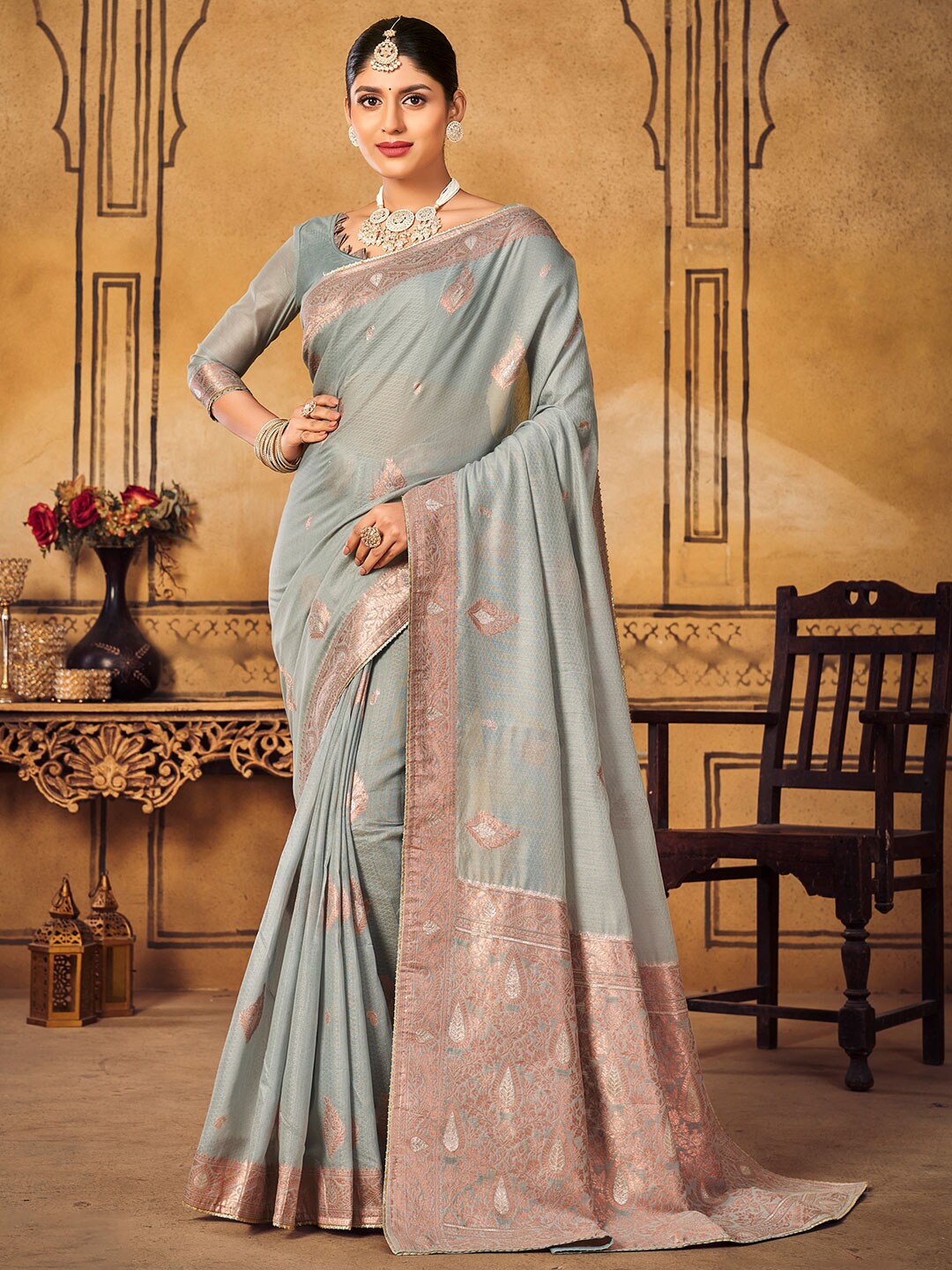 

KARAGIRI Ethnic Motif Woven Design Zari Cotton Saree, Grey