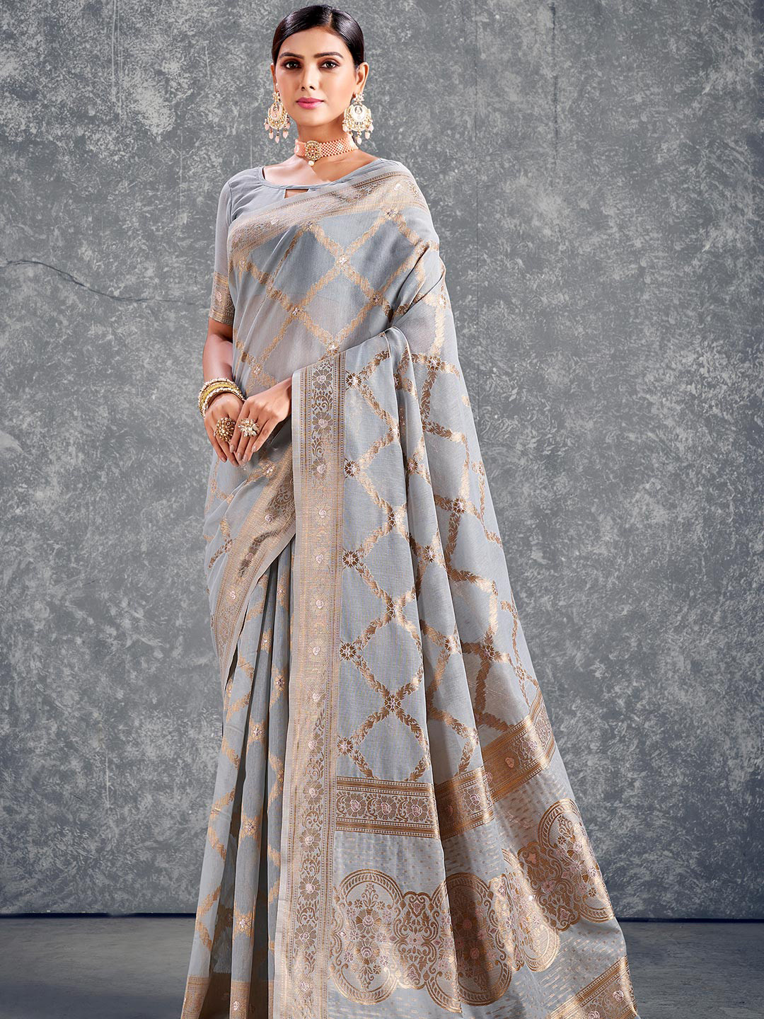 

KARAGIRI Floral Woven Design Zari Cotton Saree, Grey