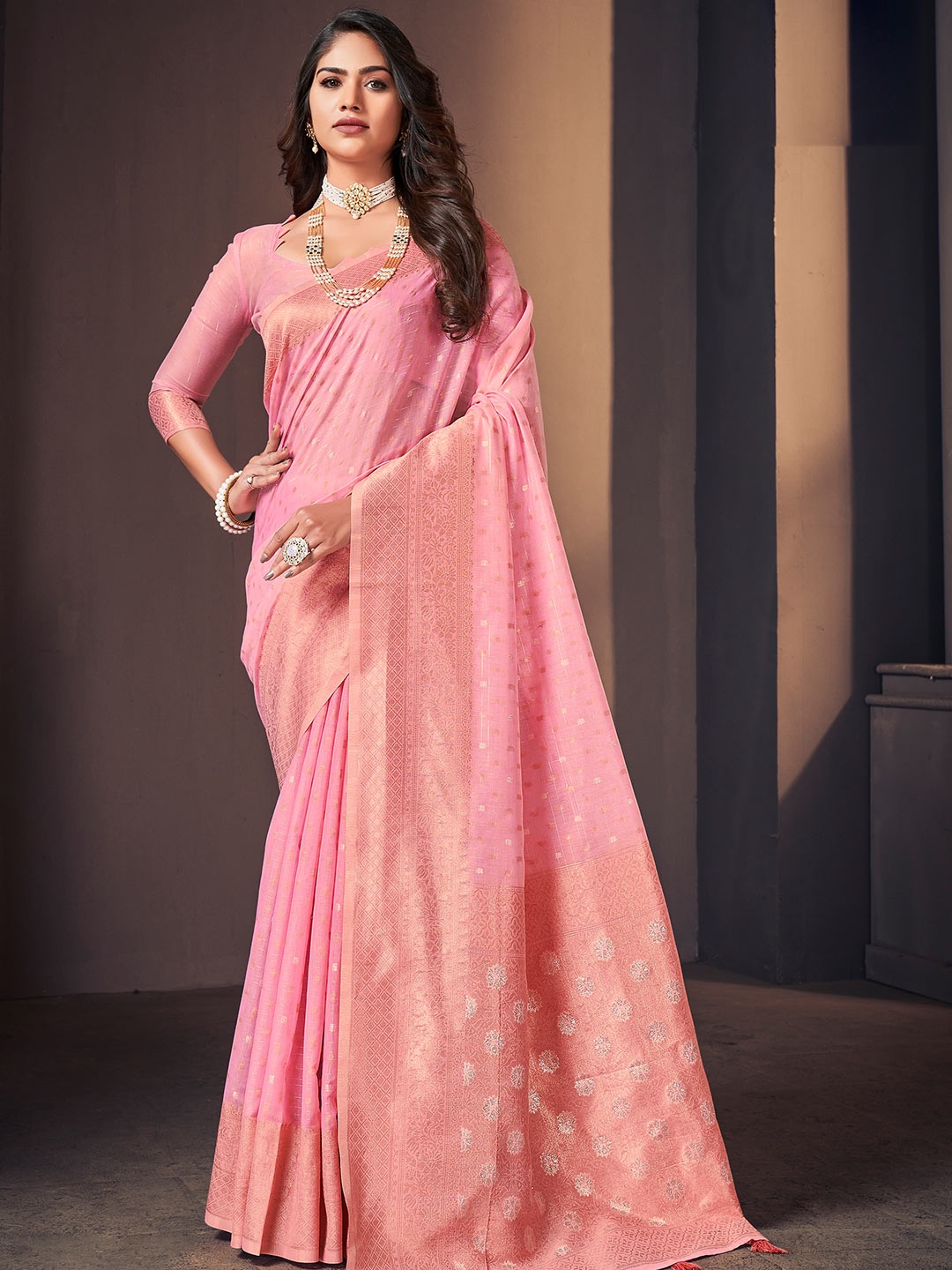 

KARAGIRI Floral Woven Design Zari Cotton Saree, Pink