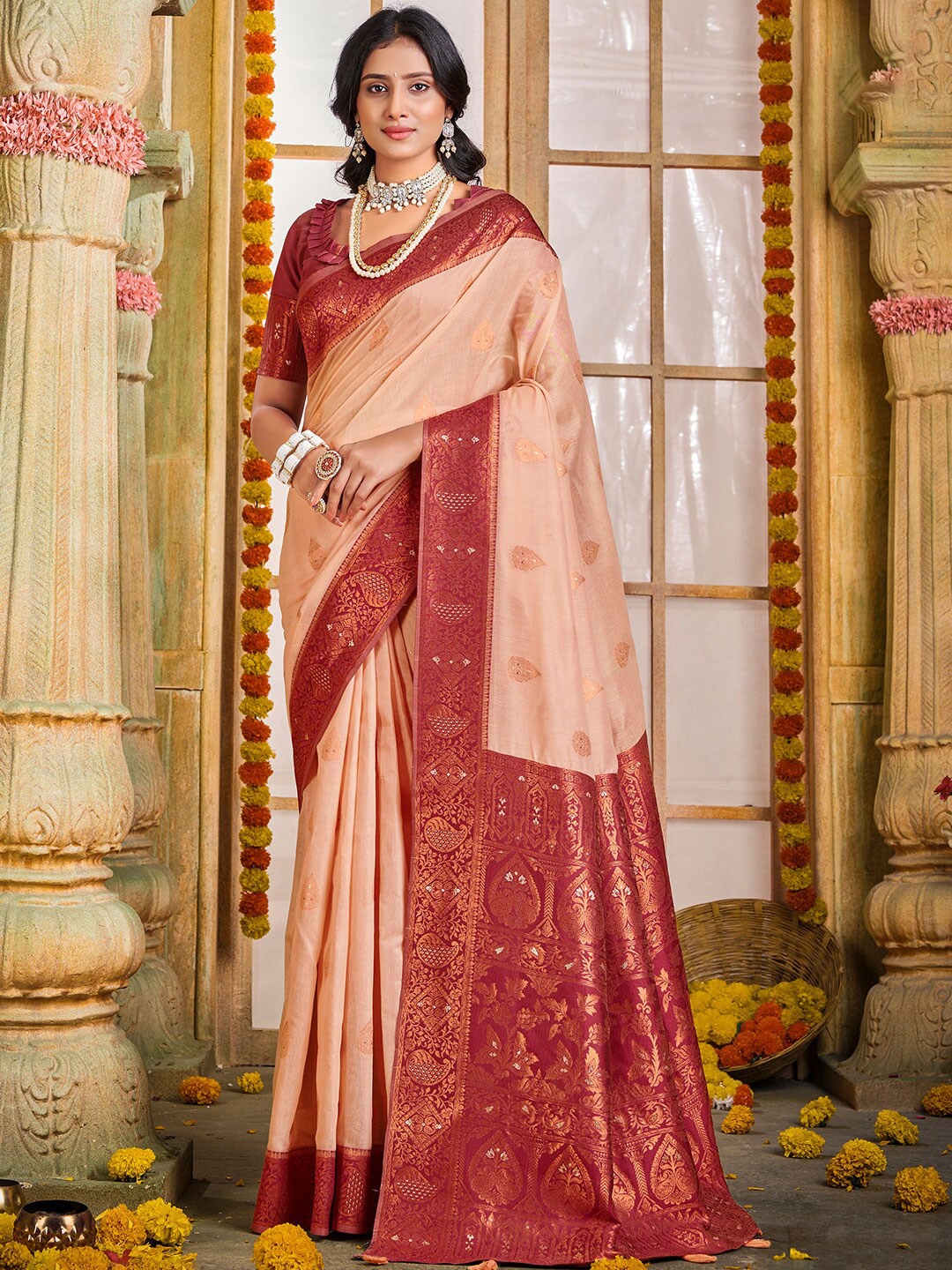 

KARAGIRI Ethnic Motif Woven Design Zari Cotton Saree, Peach