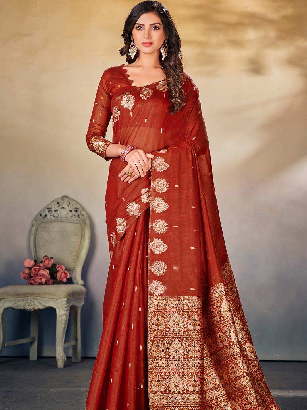 

KARAGIRI Ethnic Motif Cotton Blend Zari Saree With Blouse Piece, Red