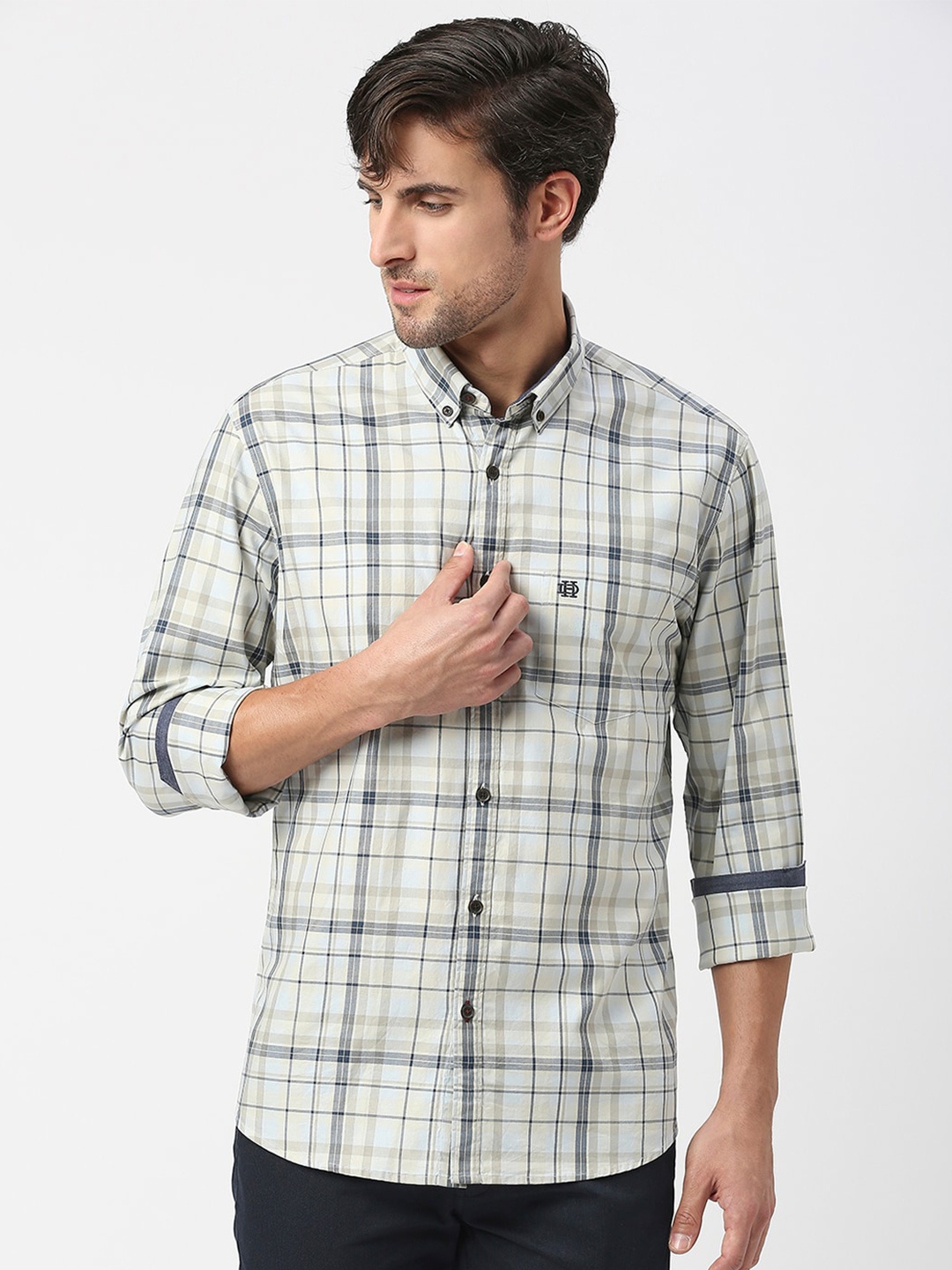 

DRAGON HILL Tartan Checks Slim Fit Cotton Casual Shirt, Beige