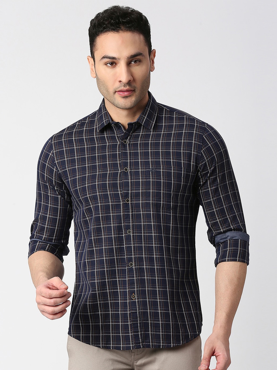 

DRAGON HILL Grid Tattersall Checks Slim Fit Cotton Casual Shirt, Navy blue