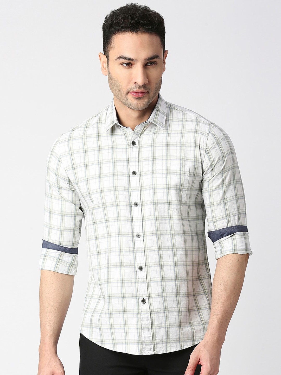 

DRAGON HILL Other Checks Twill Slim Fit Cotton Casual Shirt, White