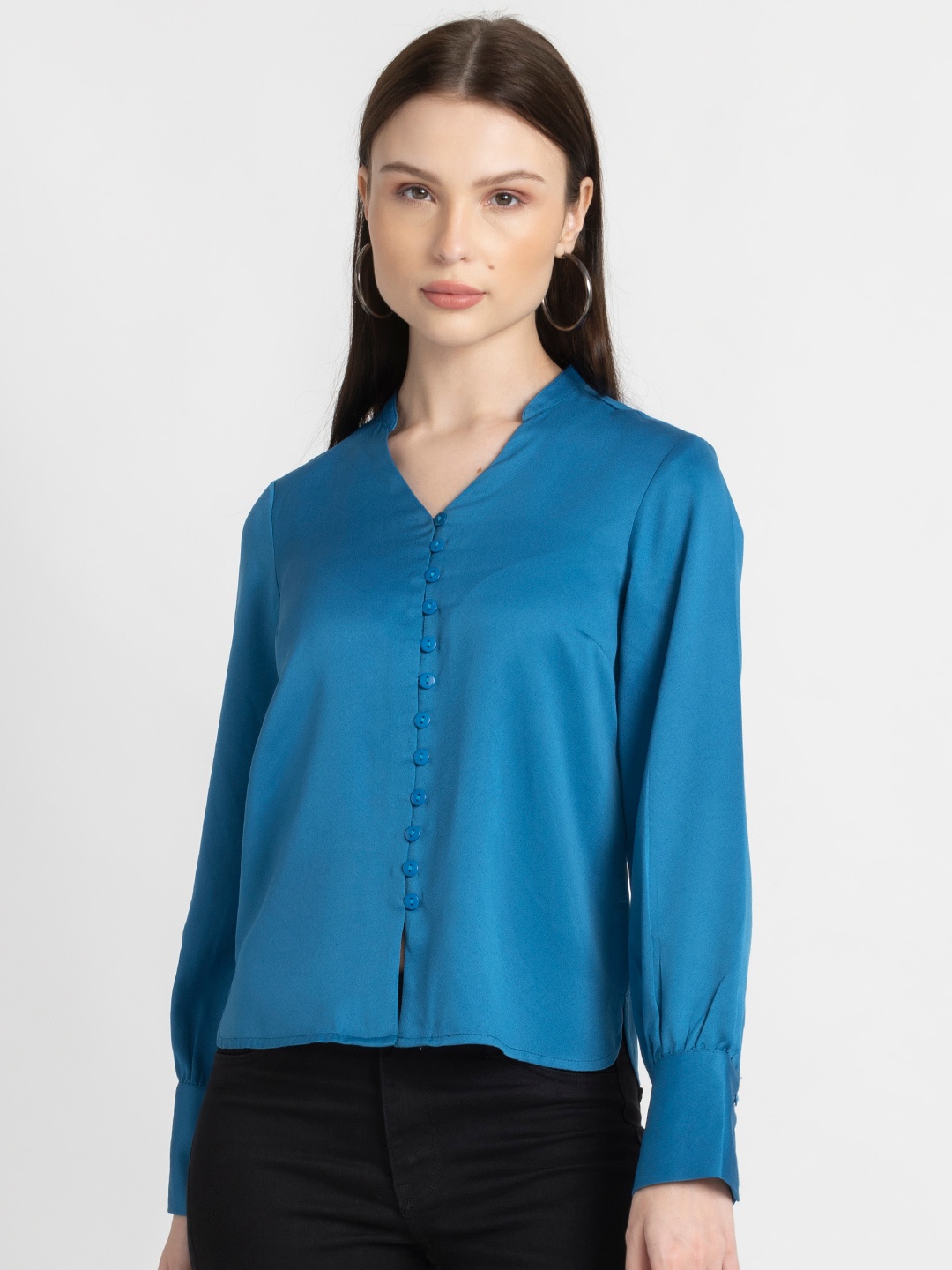 

SHAYE Mandarin Collar Long Sleeves Comfort Fit Satin Casual Shirt, Blue
