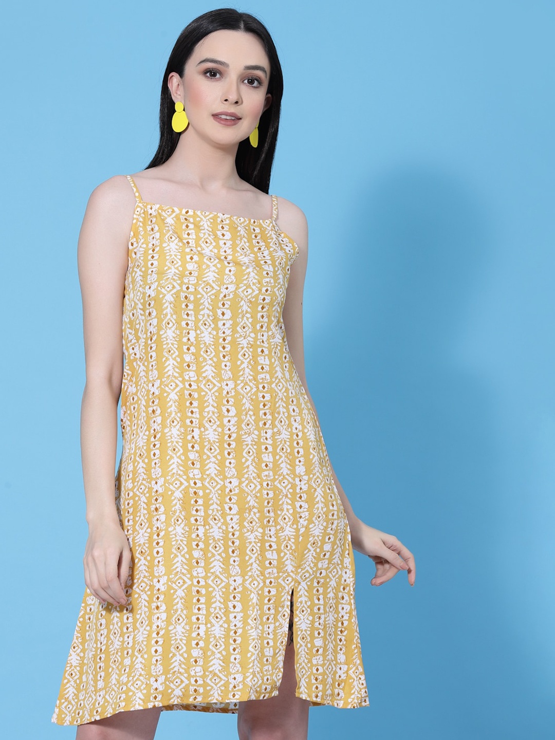 

Oomph! Floral Printed Shoulder Straps Crepe A-Line Dress, Yellow