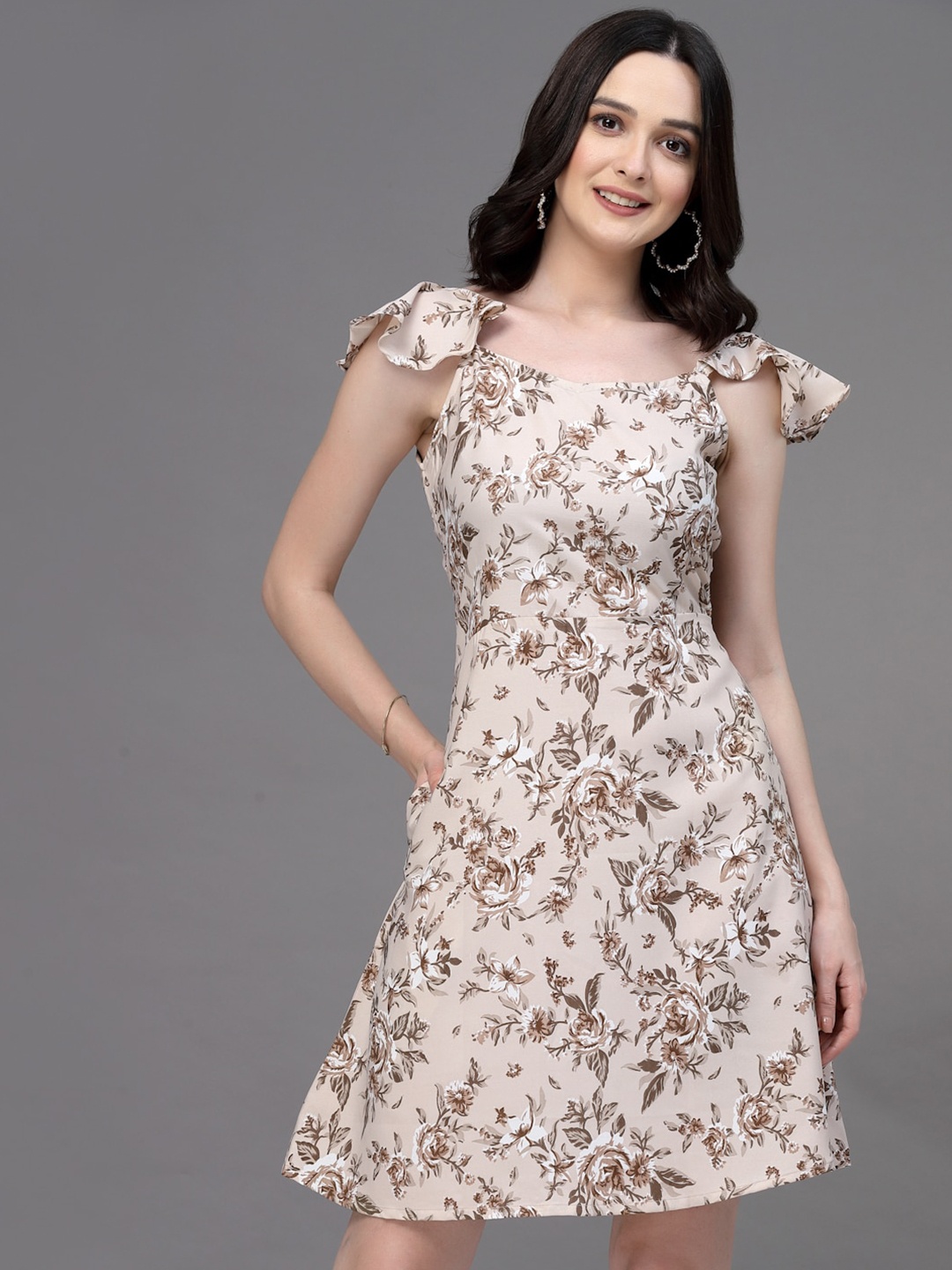 

Oomph! Floral Print Flutter Sleeve Ruffled Crepe Fit & Flare Dress, Brown