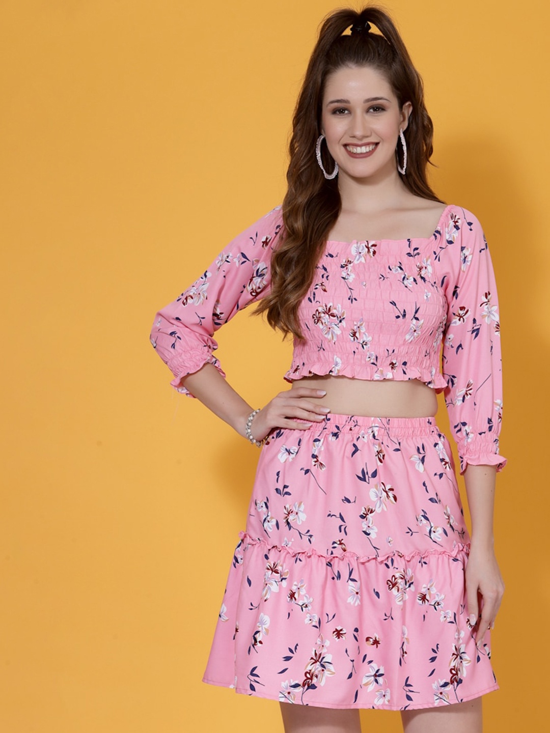 

Oomph! Square Neck Floral Printed Crepe Smocked Top & Tiered Mini Skirt, Pink