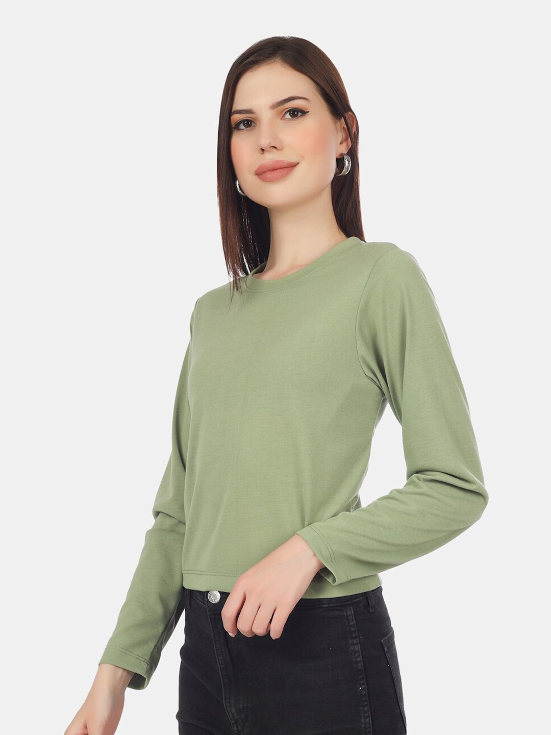 

HILL STREET Round Neck Pure Cotton Top, Green