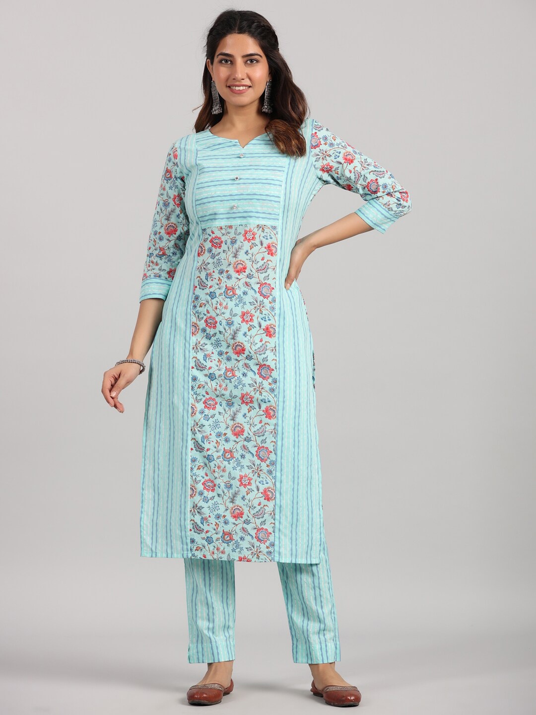 

PARCHHAI Floral Printed Pure Cotton Kurta With Trousers, Blue