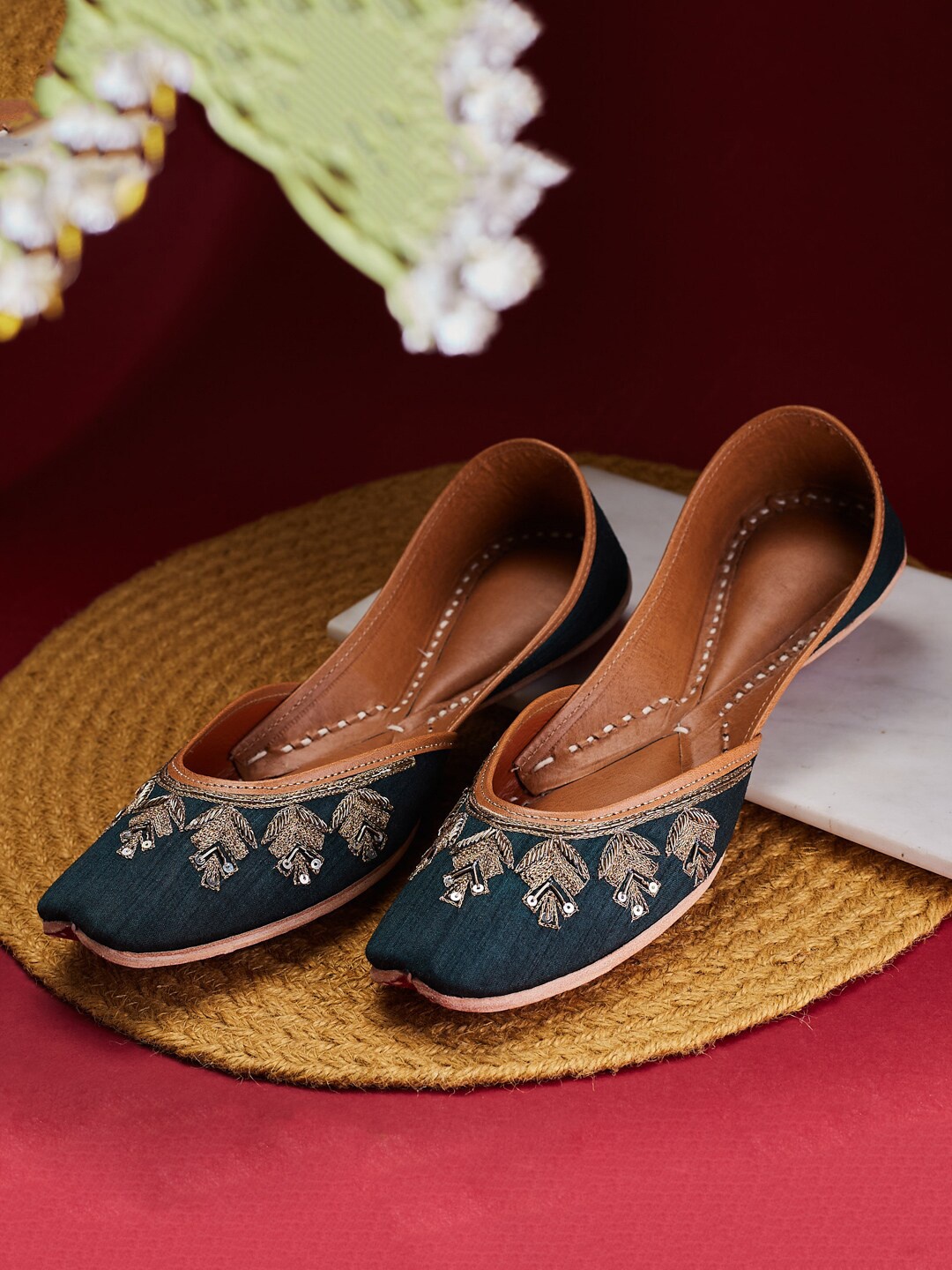 

Fabindia Women Embroidered Leather Ethnic Mojaris, Teal