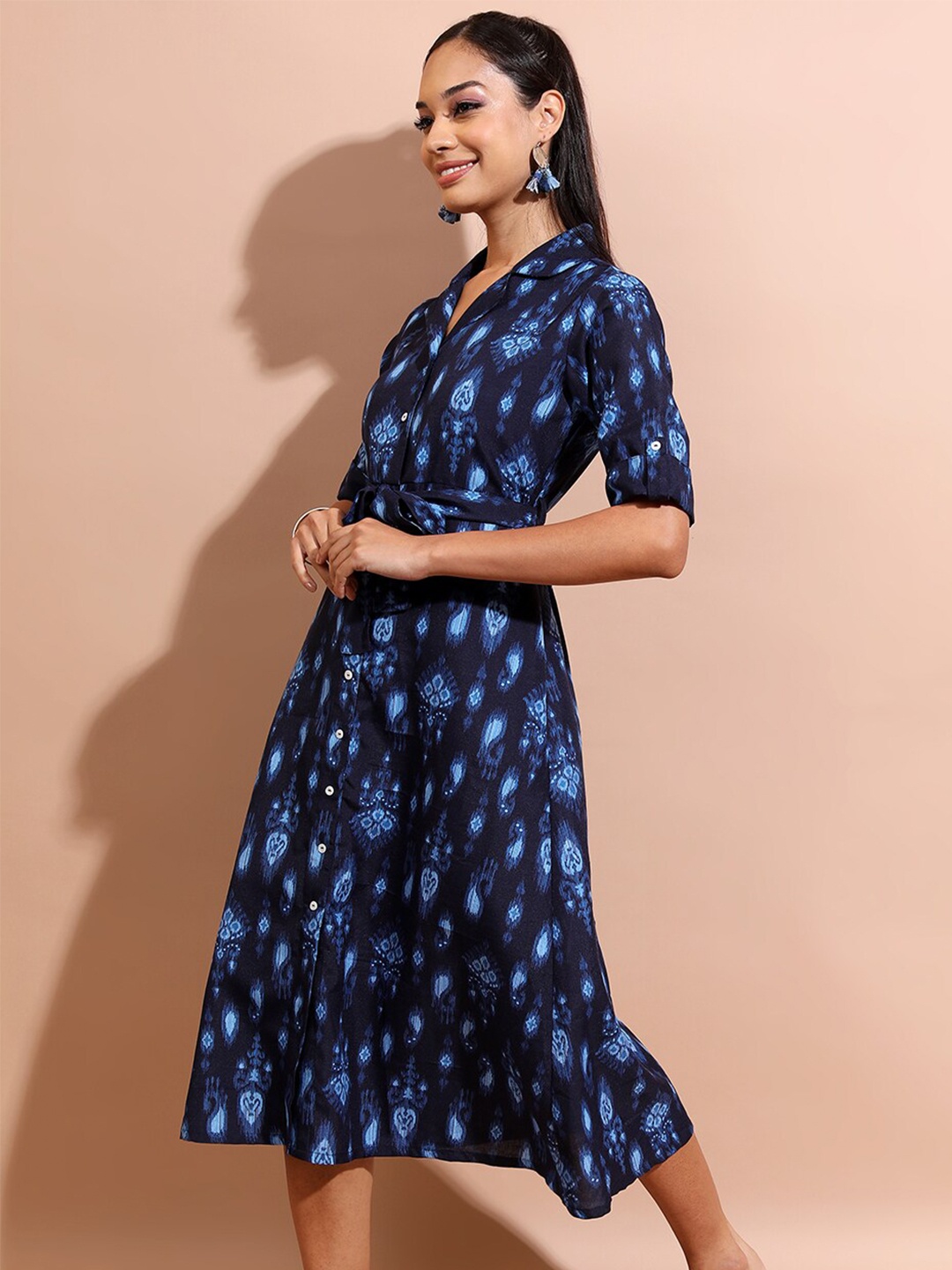 

Vishudh Blue Ethnic Motifs Printed Spread Collar Shirt Midi Dress