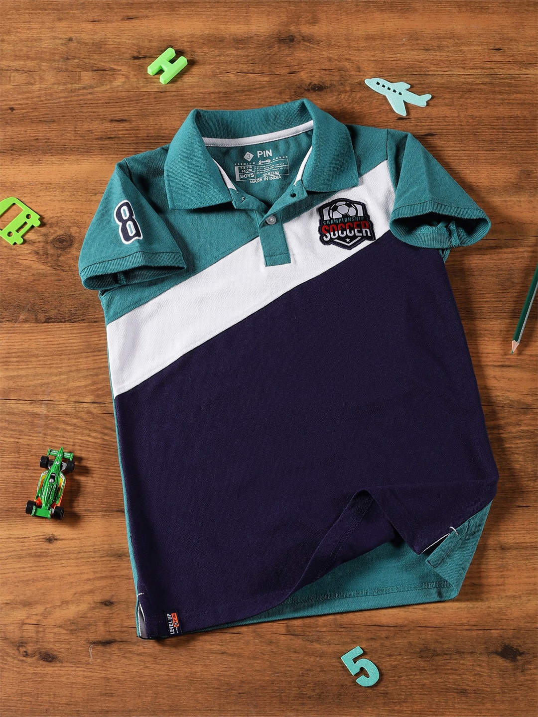 3PIN Boys Colourblocked Polo Collar Short Sleeves Cotton T-shirt, Teal