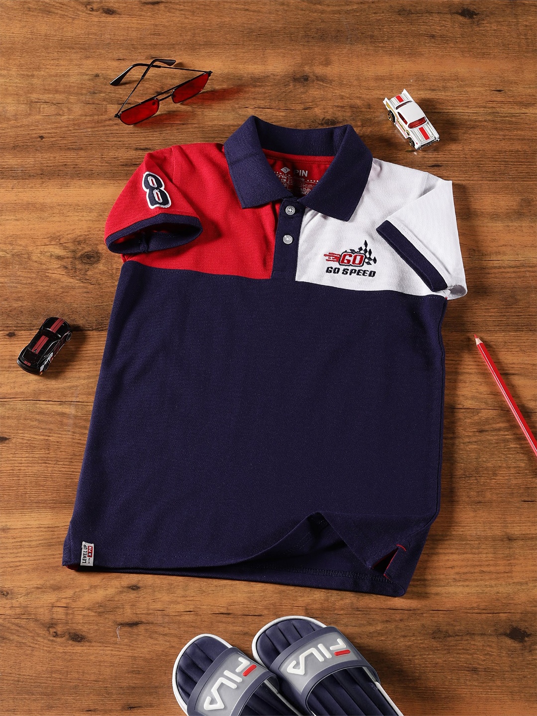 3PIN Boys Colourblocked Polo Collar Cotton T-shirt, Navy blue