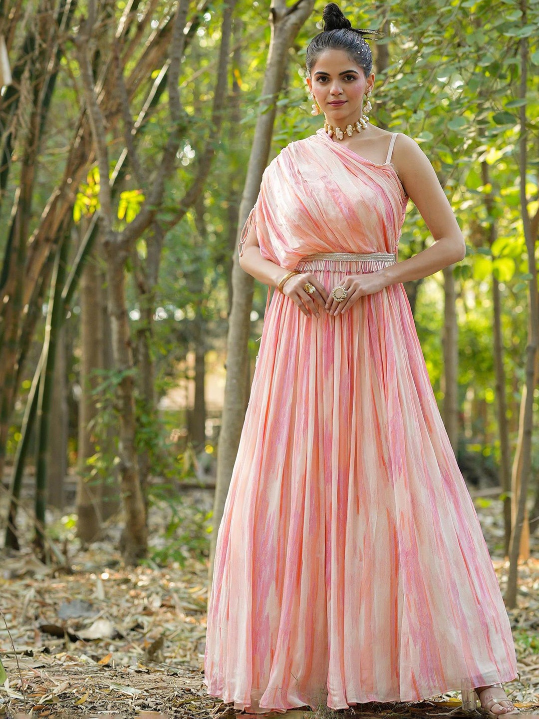 

SCAKHI Tie & Dye Gown Maxi Dress With Belt And Attached One-Shoulder Cape, Pink
