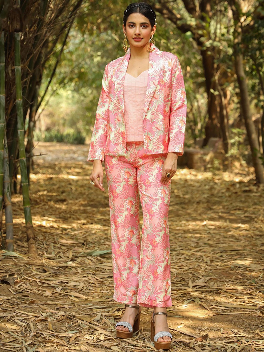 

SCAKHI Printed Top With Blazer & Trousers Co-Ord Set, Pink