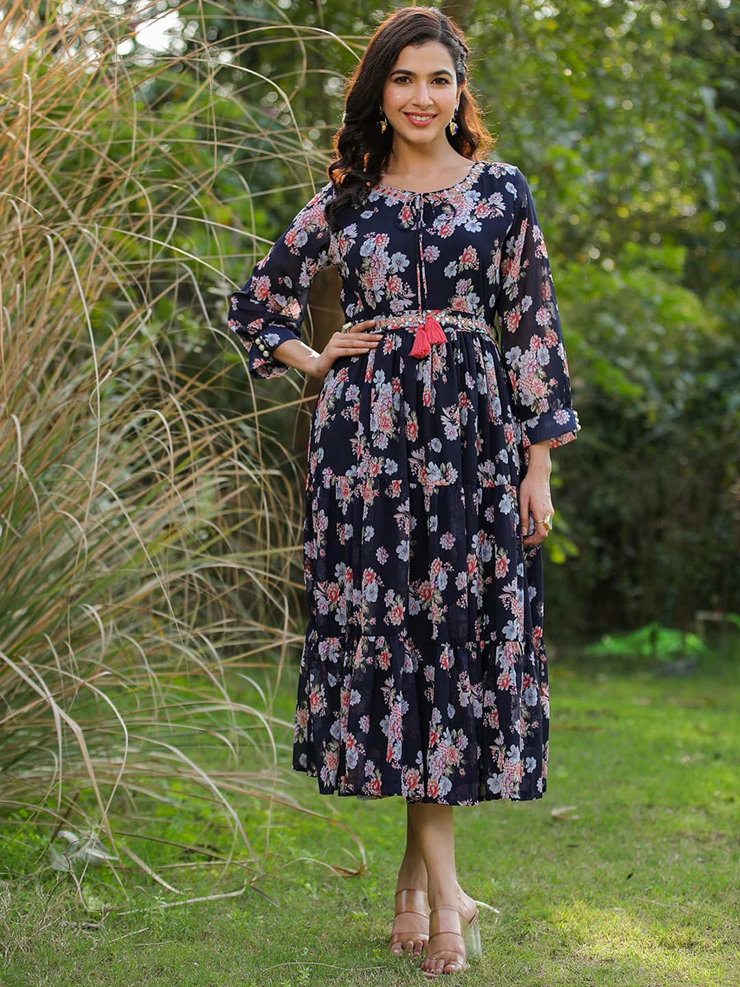 SCAKHI Floral Printed Georgette Tiered Ethnic Dresses, Navy blue