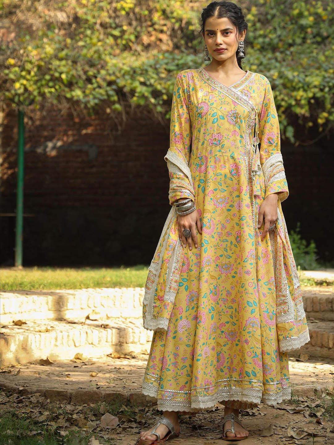 

SCAKHI Floral Printed Angrakha Gotta Patti Pure Cotton Kurta With Trousers & Dupatta, Yellow