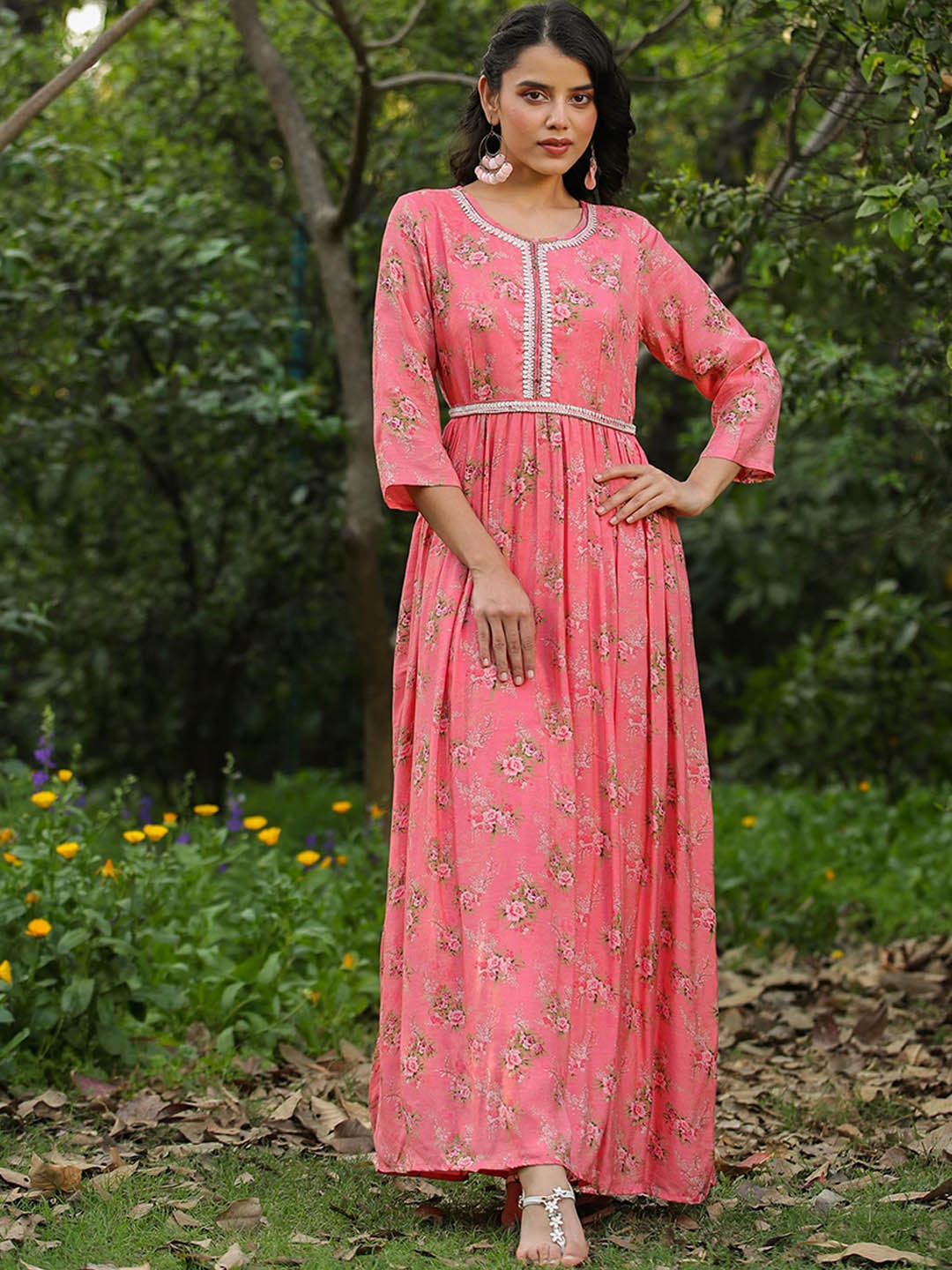 

SCAKHI Floral Printed A-Line Embroidered Dress, Pink