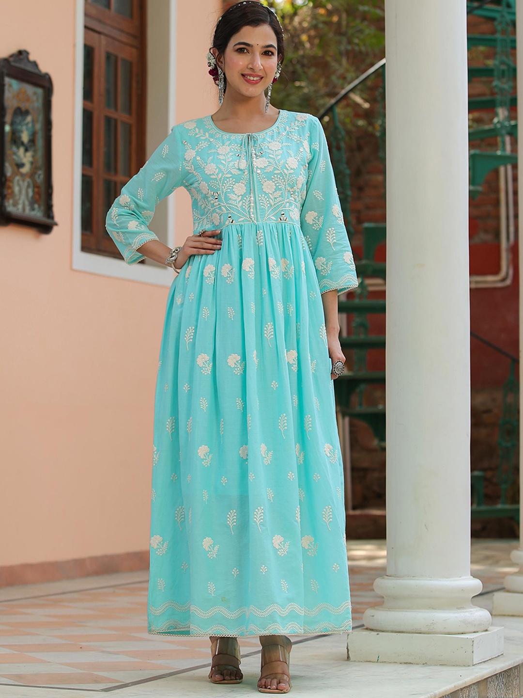 

SCAKHI Floral Embroidered Maxi Empire Cotton Ethnic Dress, Turquoise blue