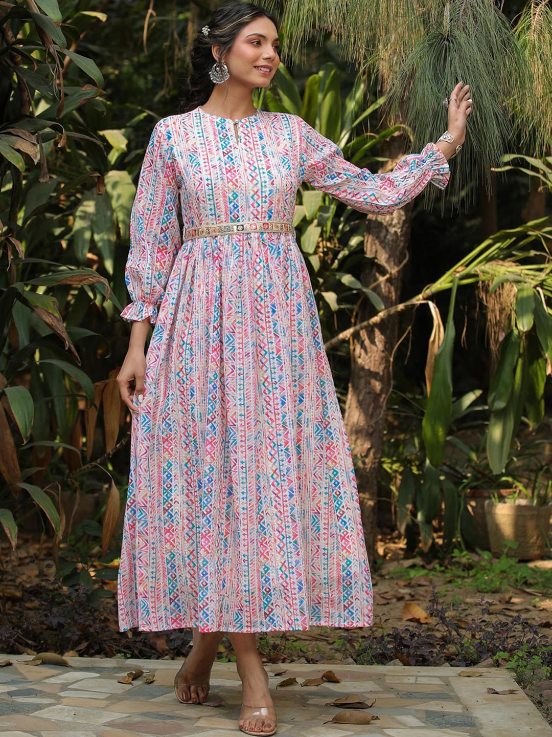 

SCAKHI Printed Fit & Flared Keyhole Neck Ethnic Dress, Pink