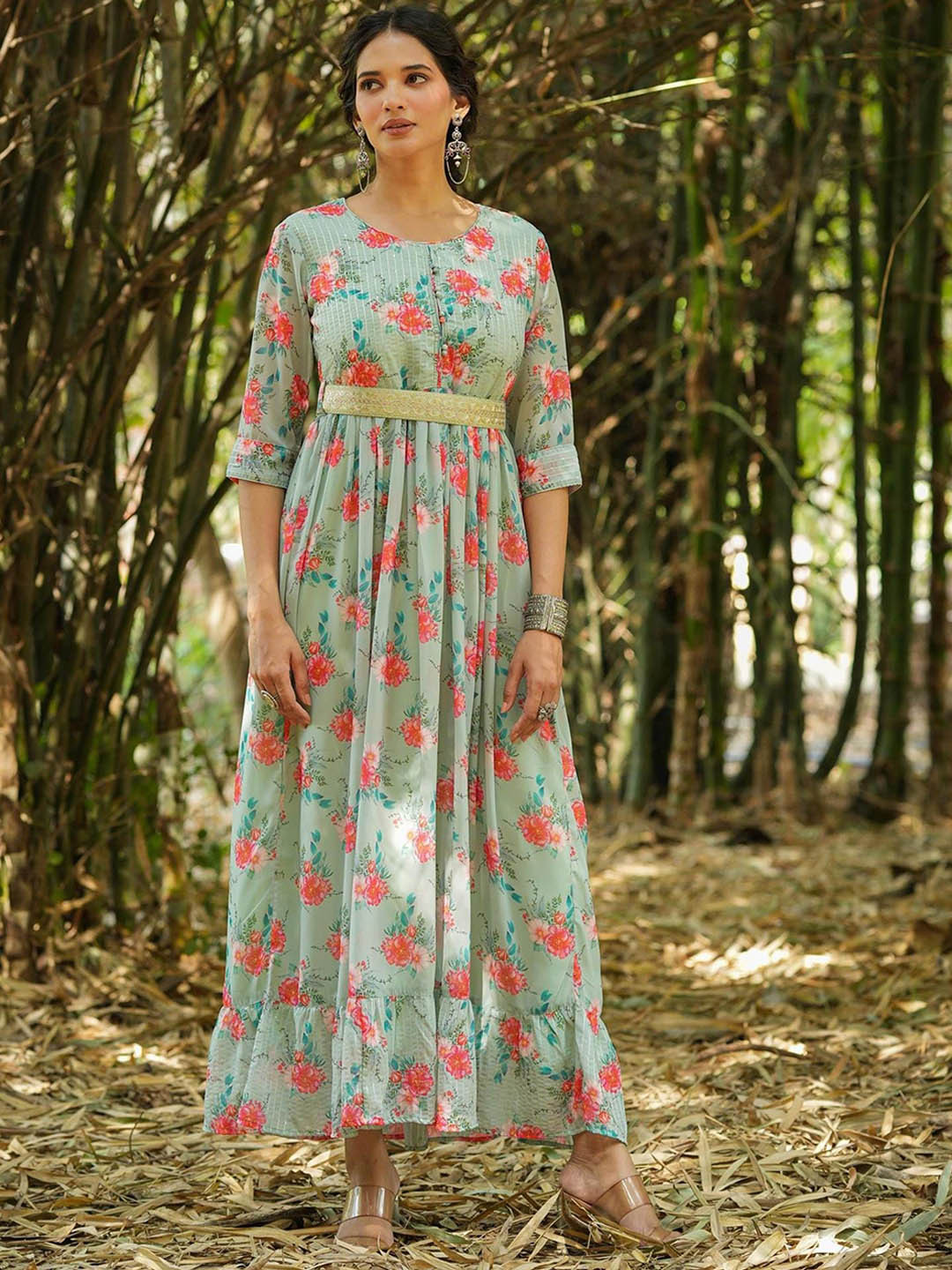 

SCAKHI Floral Printed Georgette Maxi Ethnic Dresses, Green