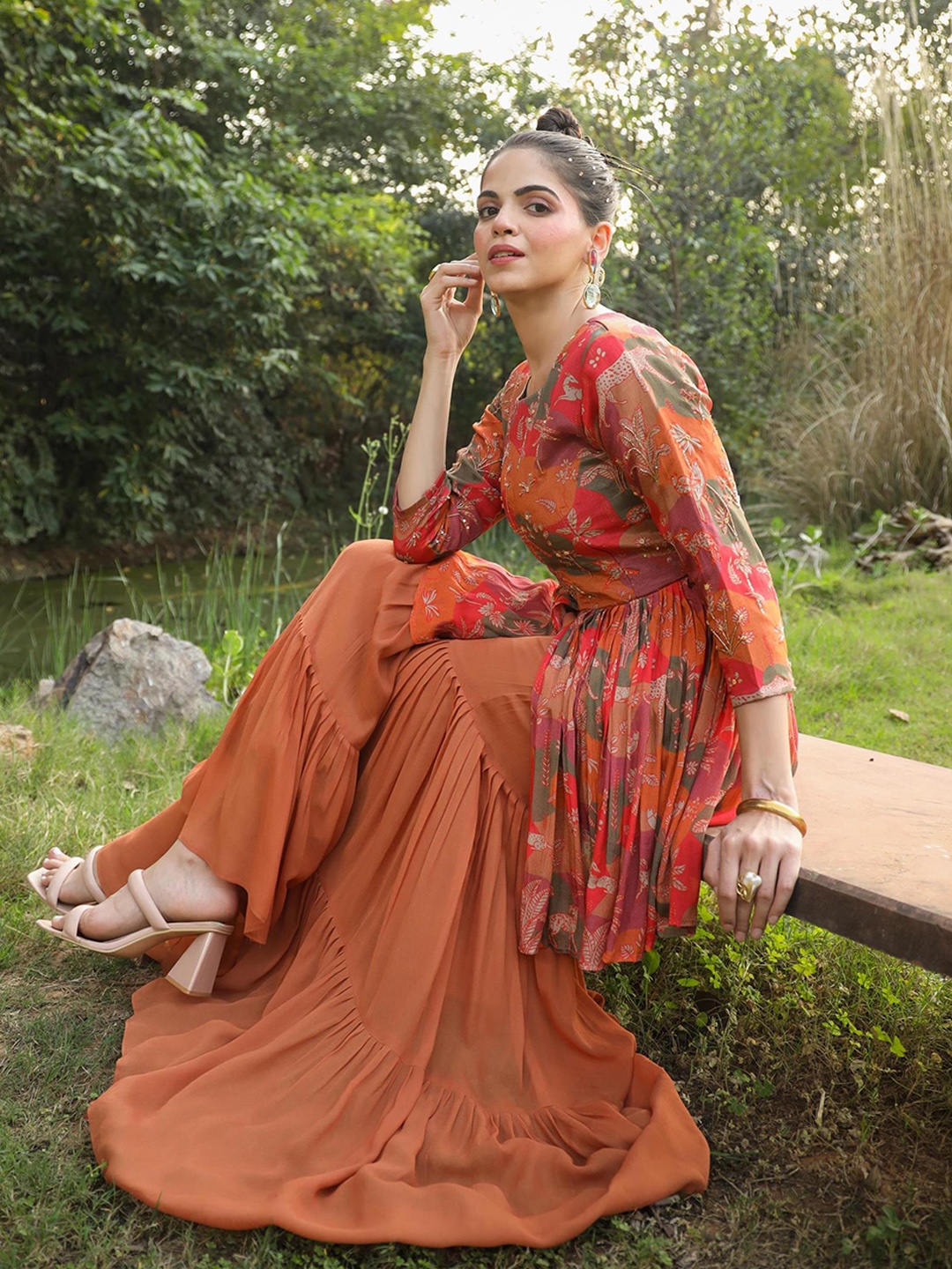 SCAKHI Printed High Slit A-Line Kurti With Sharara, Brown
