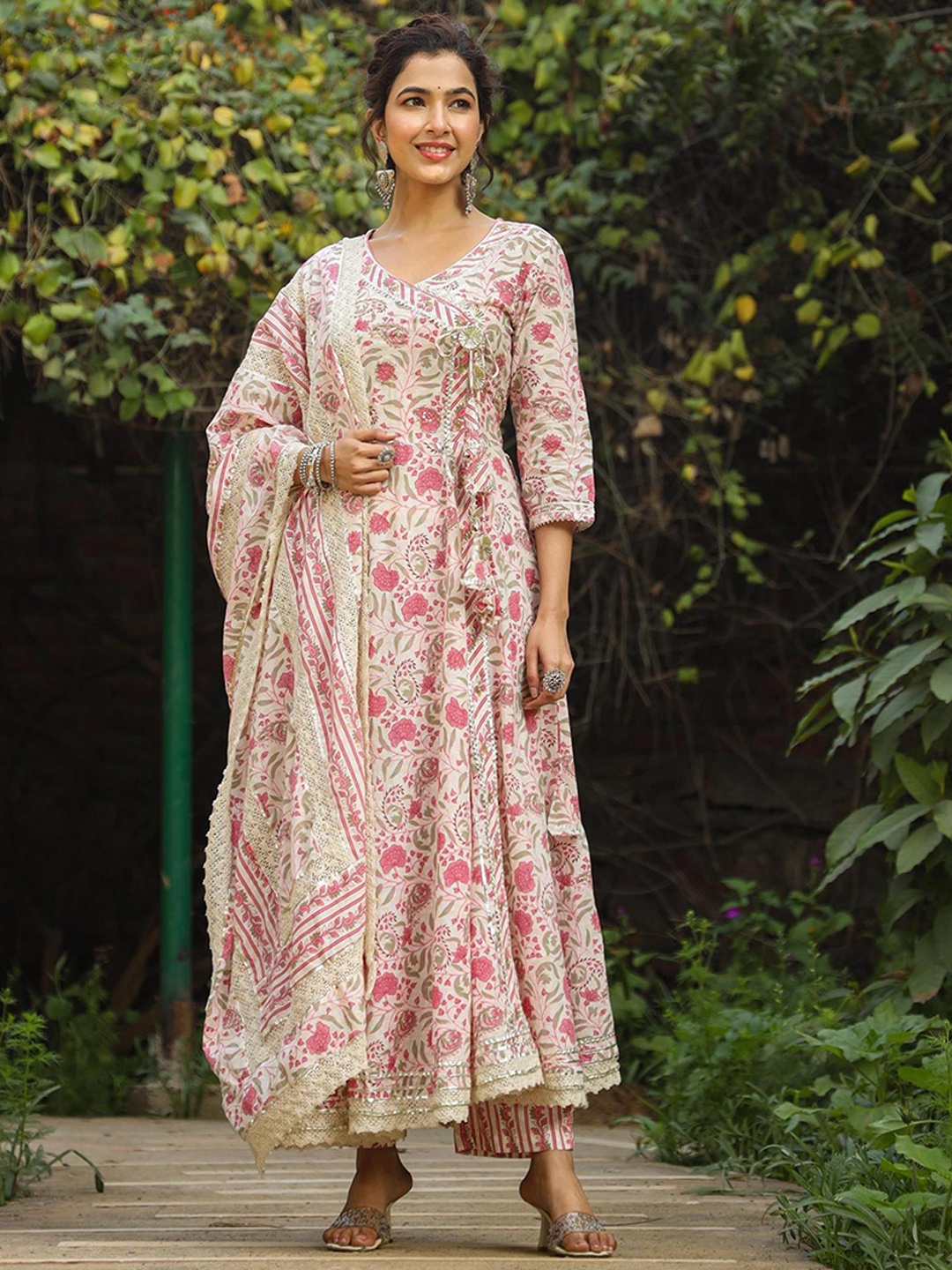 

SCAKHI Floral Printed Angrakha Gotta Patti Pure Cotton Kurta With Trousers & Dupatta, Pink