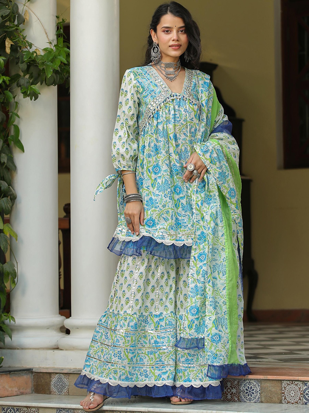 

SCAKHI Floral Printed Pleated Pure Cotton Kurti With Sharara & Dupatta, White
