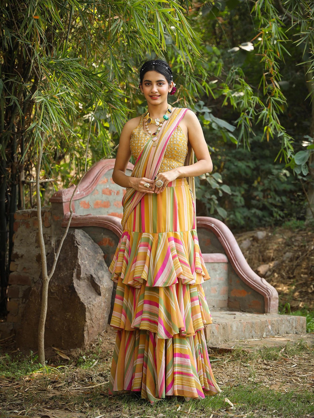 

SCAKHI Striped Sequinned Pure Georgette Ready to Wear Saree, Yellow