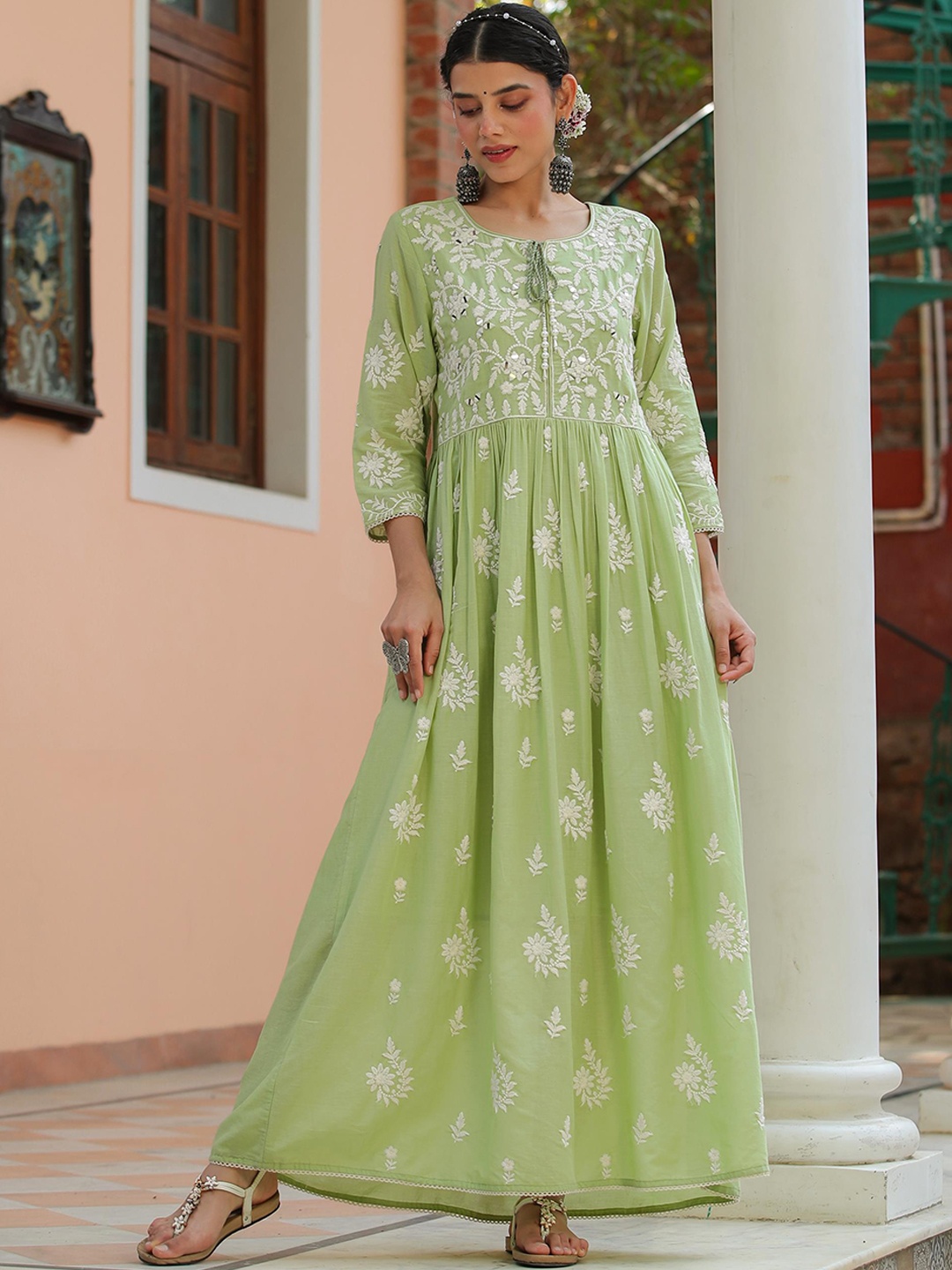 

SCAKHI Floral Embroidered Cotton Maxi Empire Ethnic Dresses, Green