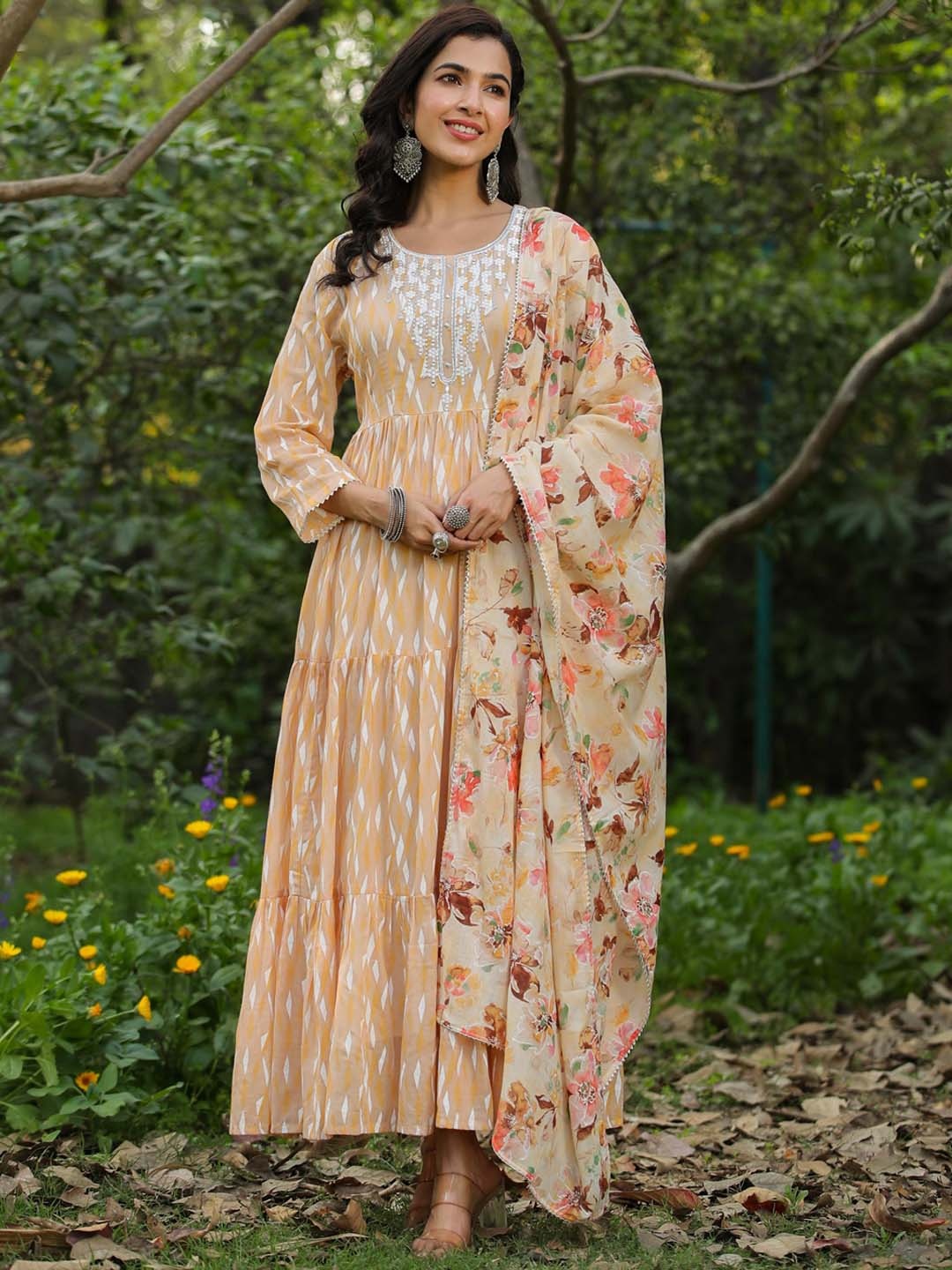 

SCAKHI Printed Embroidered Cotton Ethnic Tiered Maxi Dresses With Dupatta, Peach