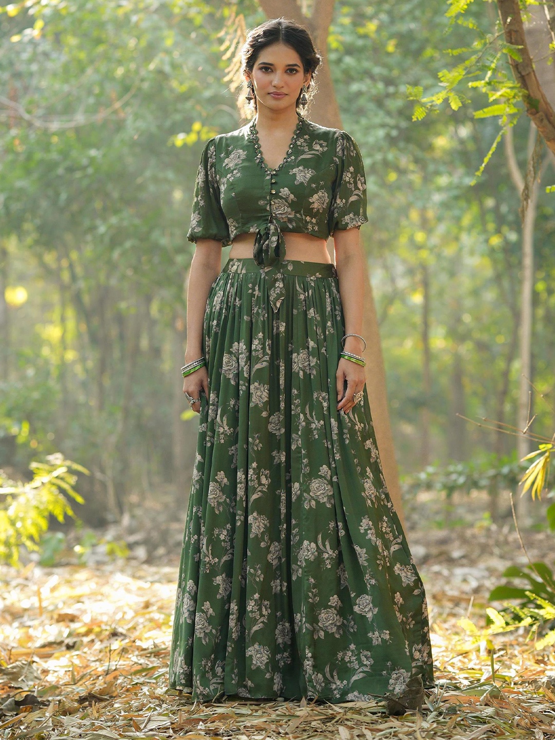 

SCAKHI Printed Ready to Wear Lehenga & Choli, Green