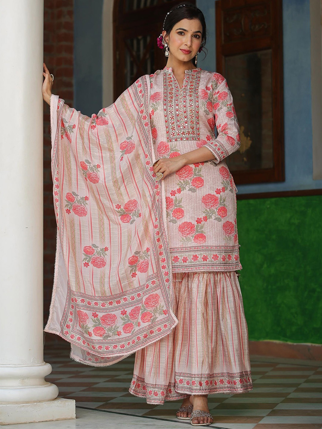 

SCAKHI Floral Printed Beads and Stones Kurti With Sharara & Dupatta, Pink