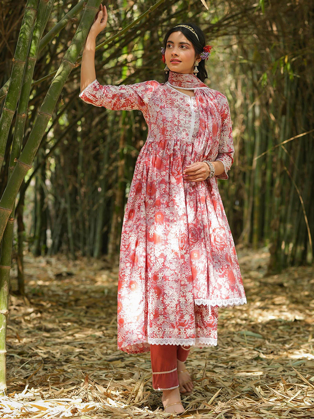 

SCAKHI Floral Printed Pleated Chikankari Pure Cotton Kurta With Trousers & Dupatta, Pink