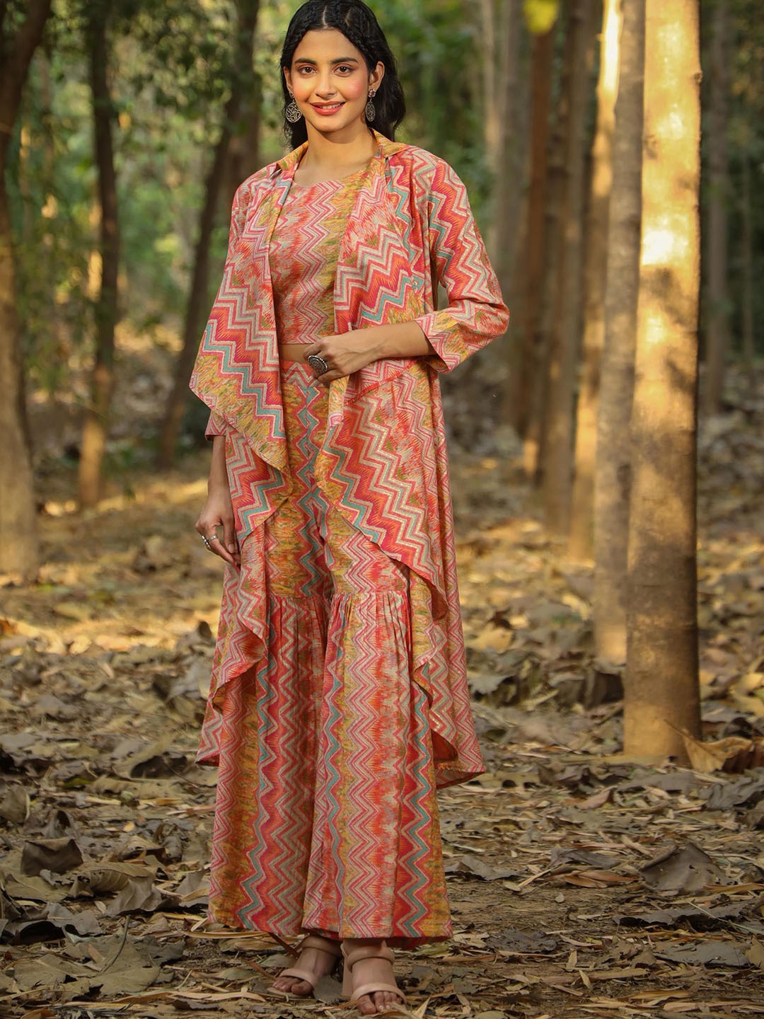 

SCAKHI Striped Crop Top With Sharara & Shrug Co-Ords, Pink