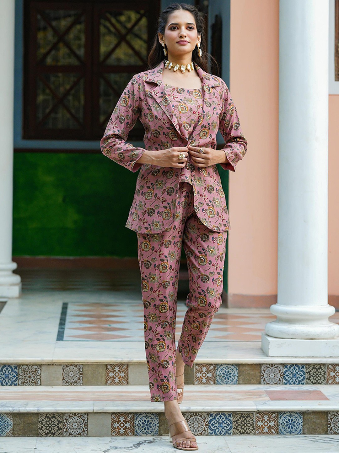 

SCAKHI Floral Printed Top & Blazer With Trouser Co-Ord Set, Mauve