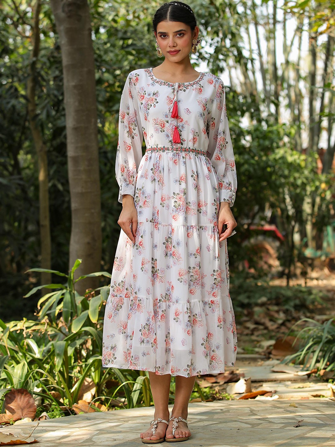 

SCAKHI Floral Printed Georgette Tiered Mid Ethnic Dress With Belt, White