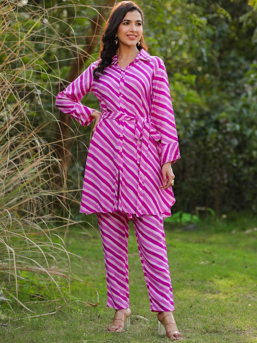 

SCAKHI Striped Tunic & Trouser Co-Ord Set, Purple