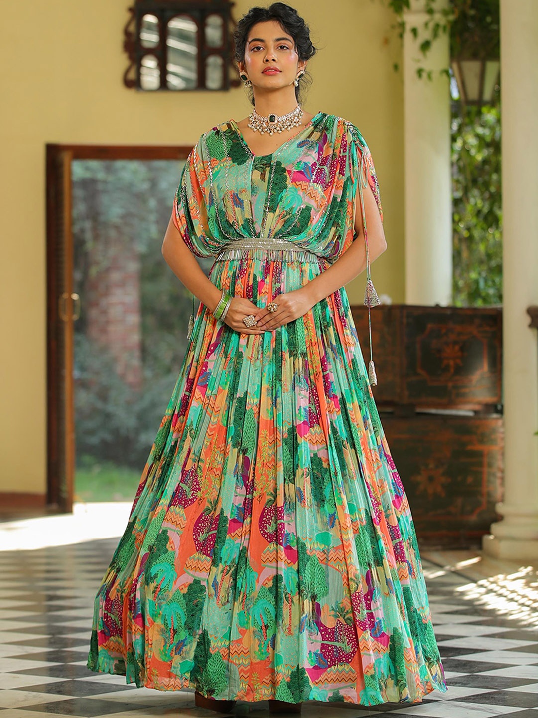 

SCAKHI Printed Gown Shaped Maxi Ethnic Dress With Embellished Belt, Green