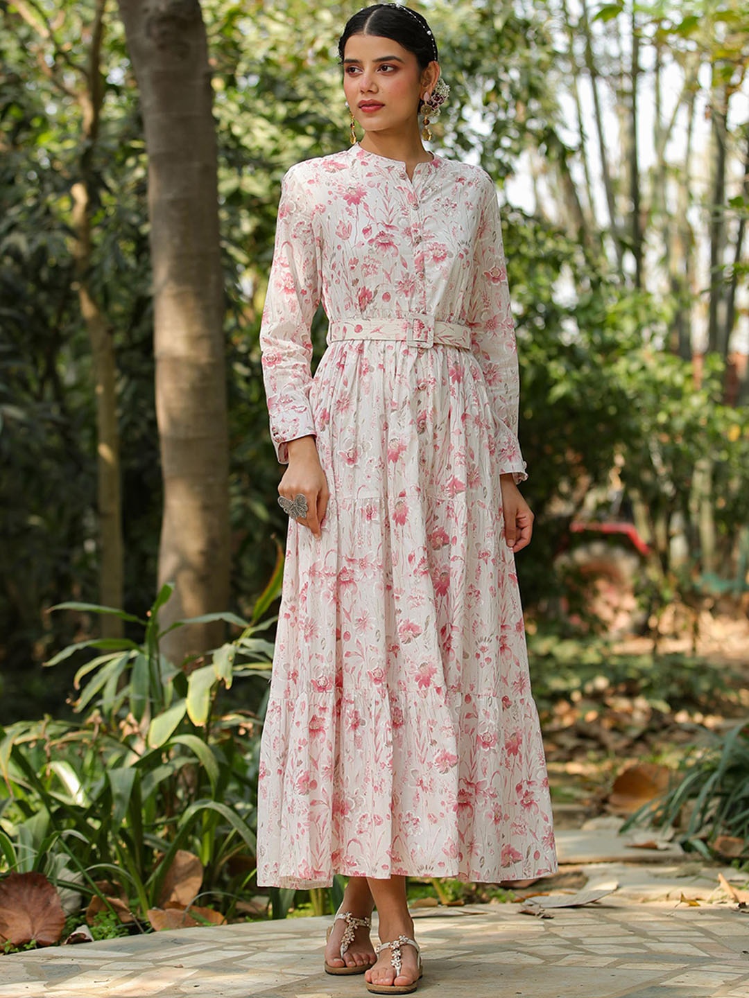 

SCAKHI Floral Printed Cotton Tiered Ethnic Dresses, White