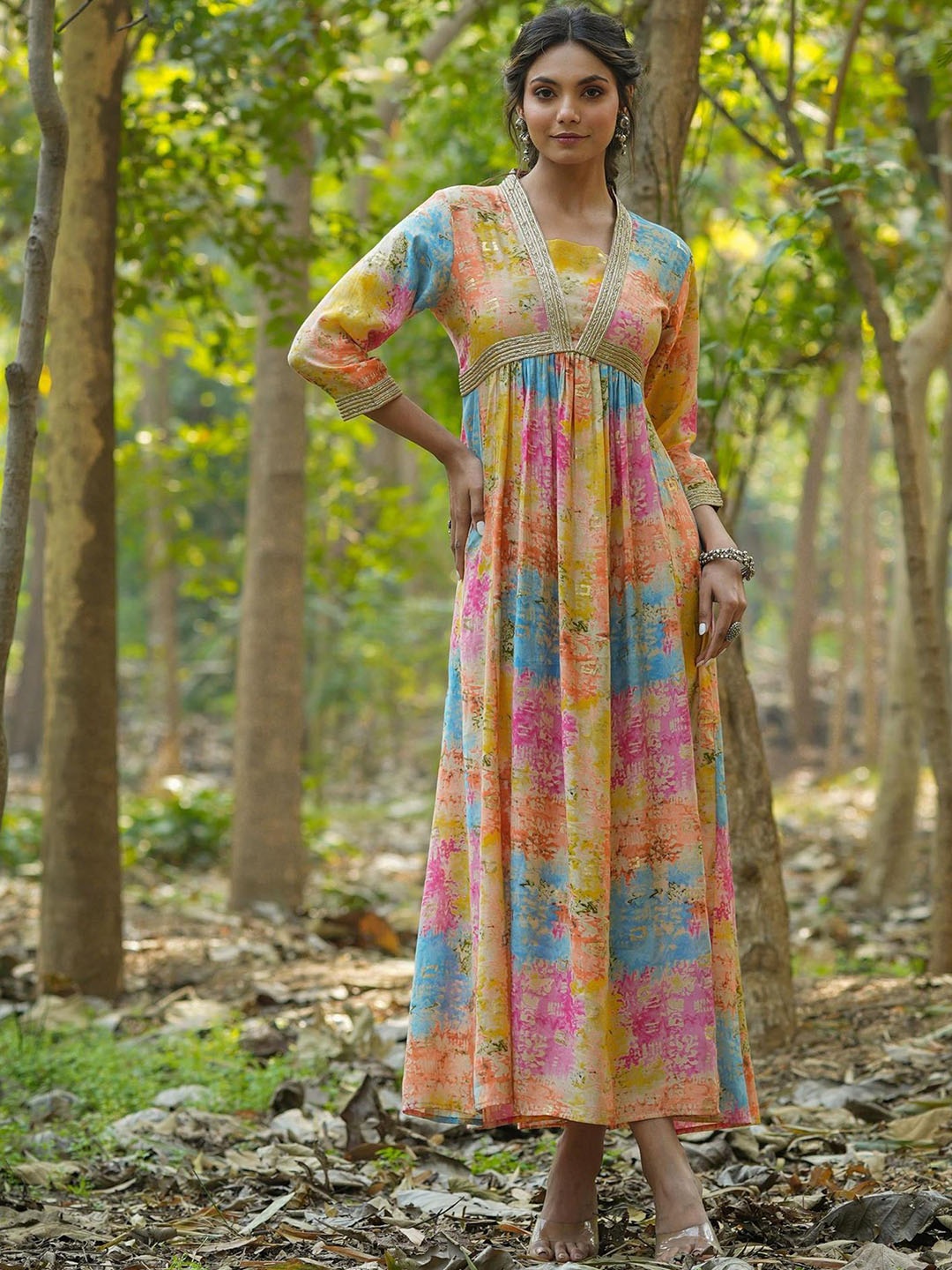 

SCAKHI Yellow Printed Cotton Panelled Ethnic Maxi Empire Dress