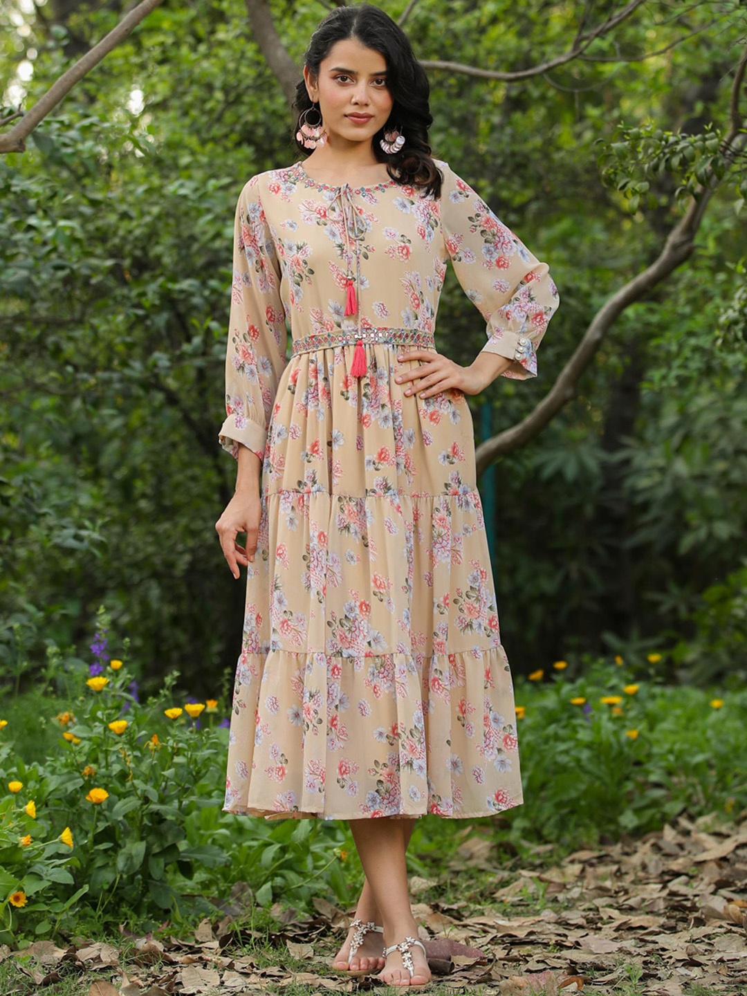 

SCAKHI Floral Printed Georgette Tiered Ethnic Dresses, Beige