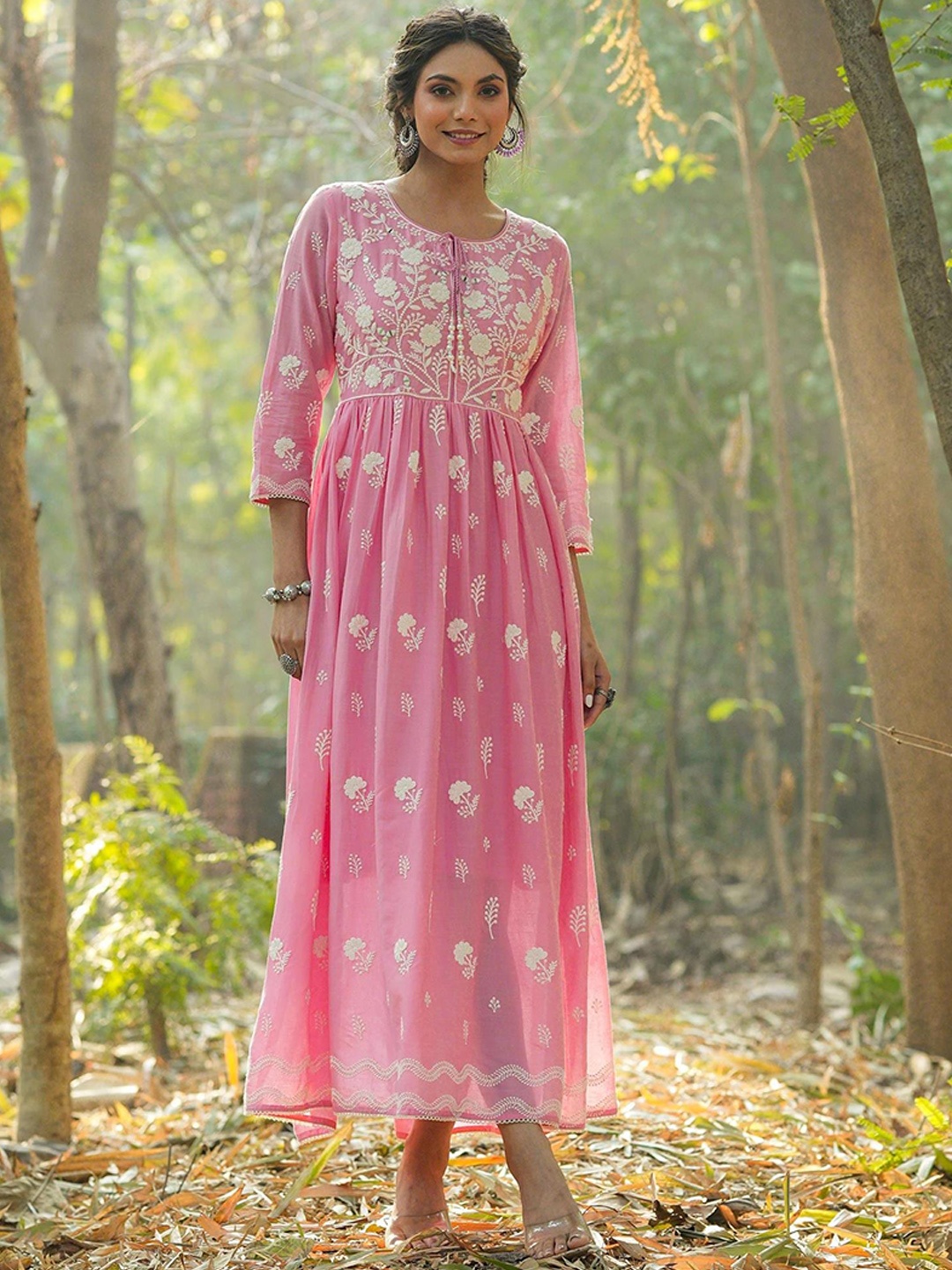 

SCAKHI Floral Embroidered Cotton Empire Maxi Ethnic Dress, Pink