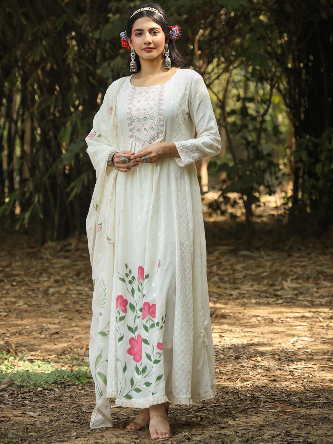 

SCAKHI Floral Printed Embroidered A-Line Cotton Ethnic Dress, White