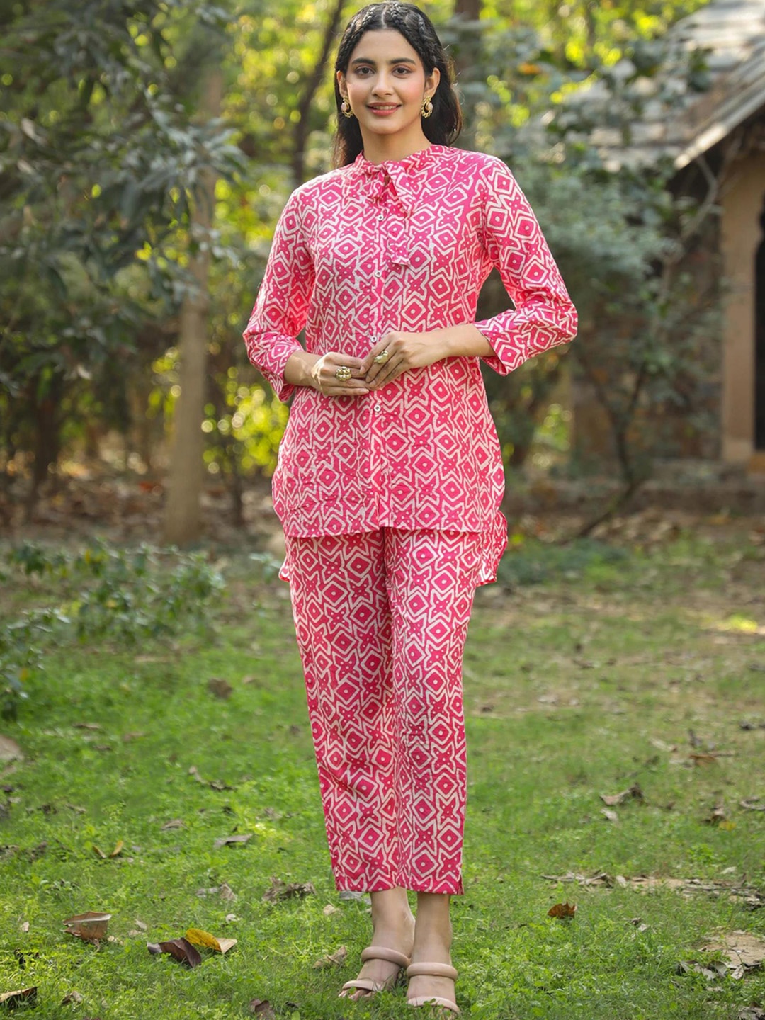 SCAKHI Modal Chanderi Printed Tunic With Trouser Co-Ord Set, Pink