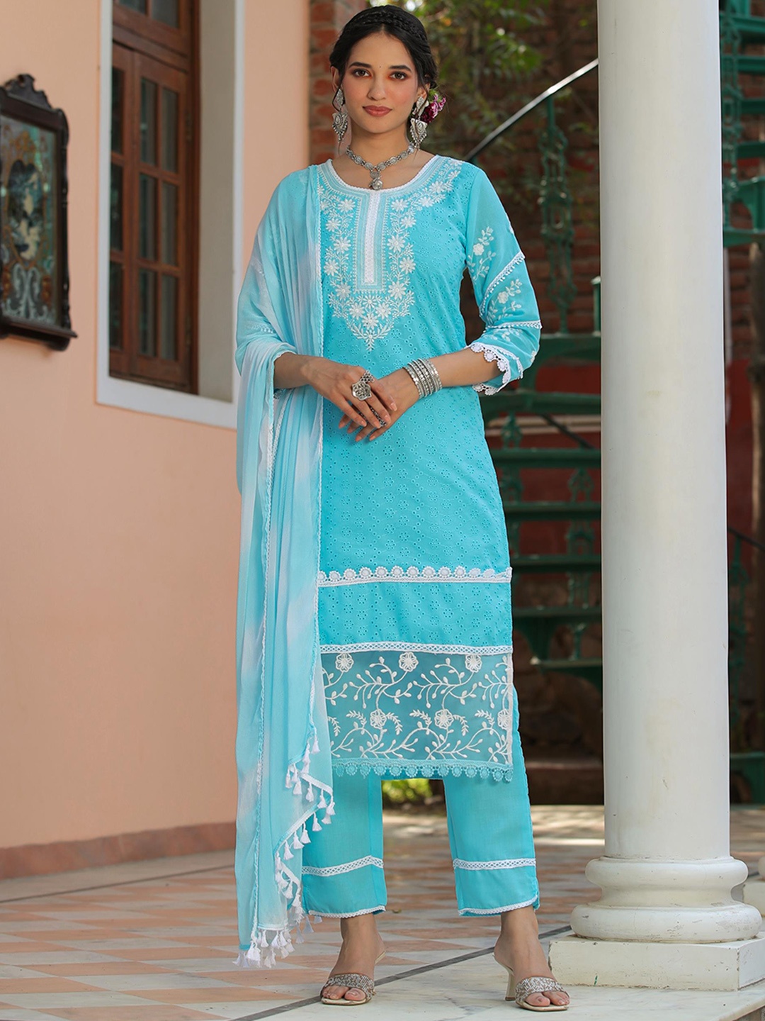 

SCAKHI Floral Embroidered Chikankari Schiffli Pure Cotton Kurta With Trousers & Dupatta, Blue