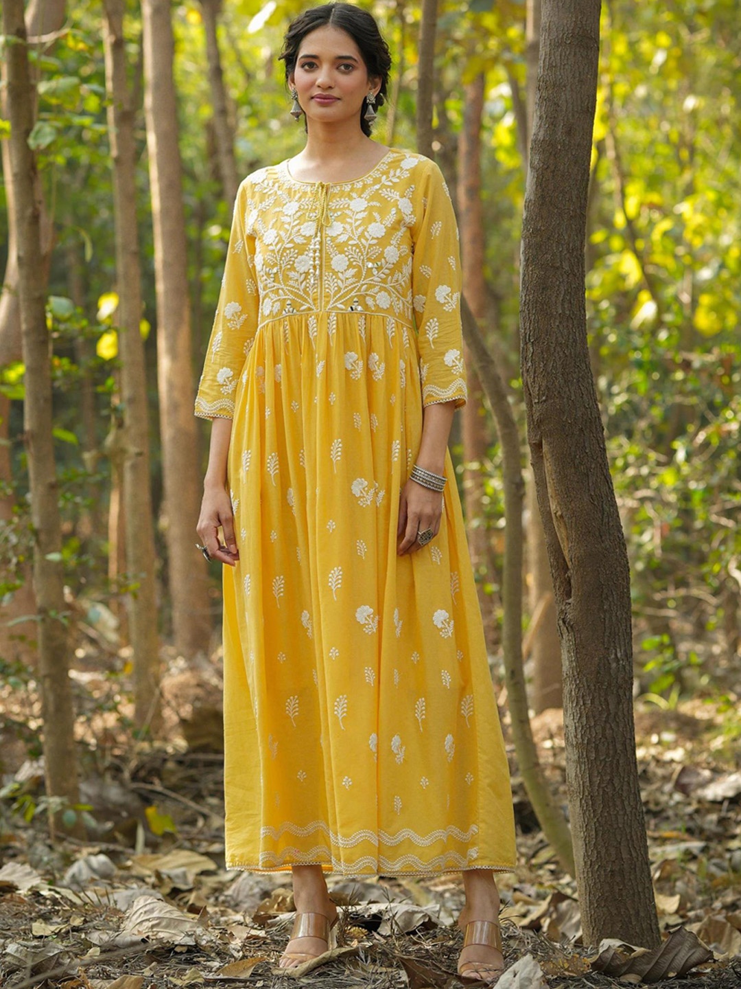 

SCAKHI Floral Embroidered Cotton Empire Maxi Ethnic Dress, Mustard